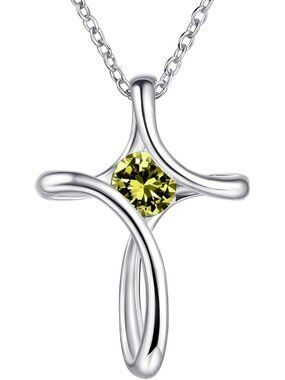 Women's Green Diamond Sideways Sterling Silver Birthstone Cross Chain Necklace